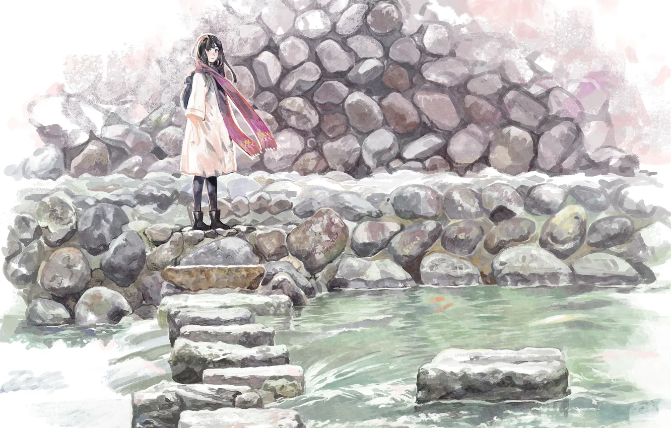 Photo wallpaper girl, stream, stones, scarf, anime, art