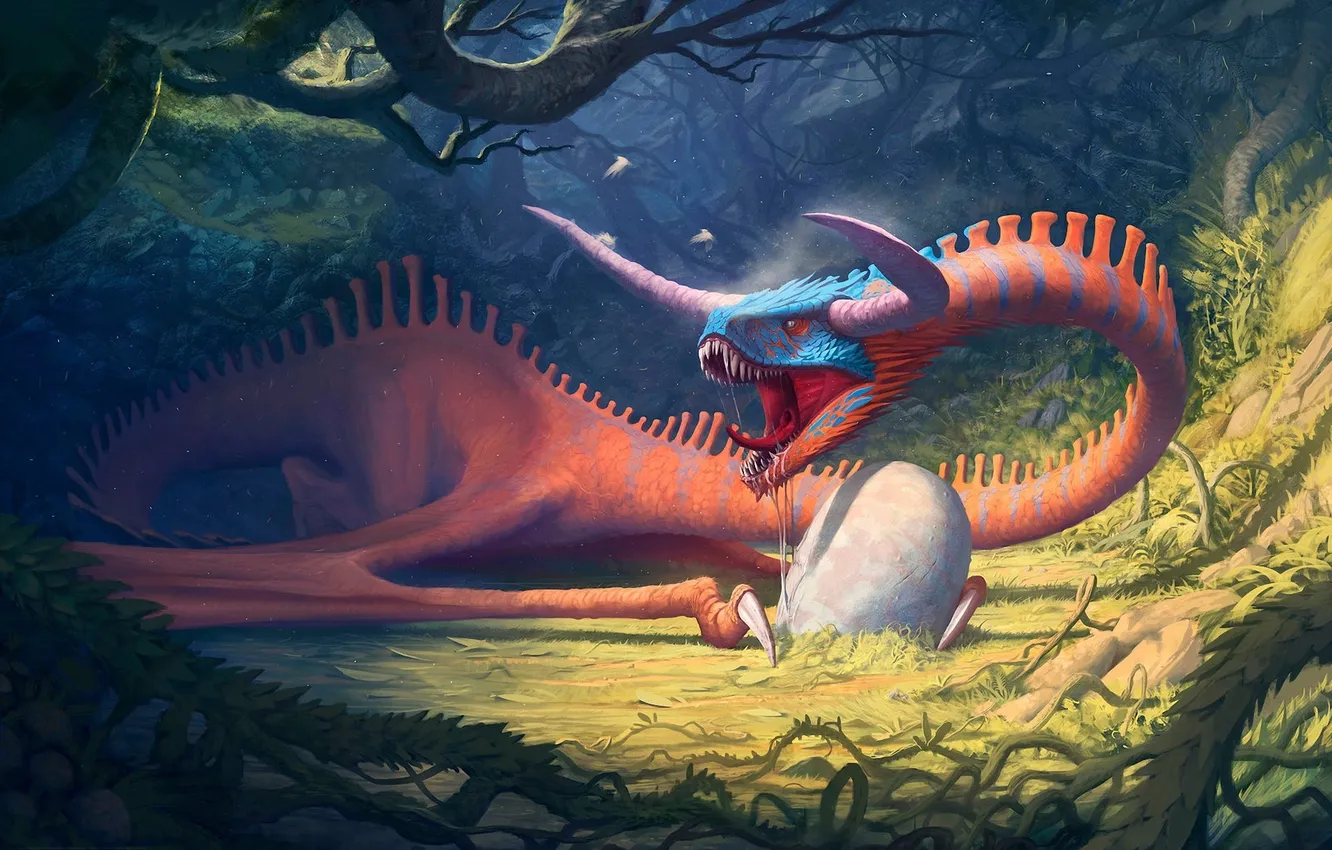 Photo wallpaper forest, dragon, eggs, monster, art, mouth, security, horns
