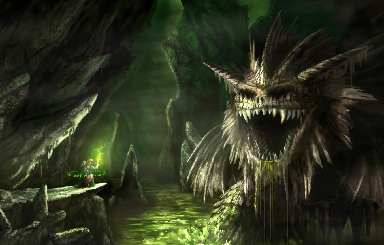 Photo wallpaper water, rocks, magic, dragon, art, mouth, MAG, staff