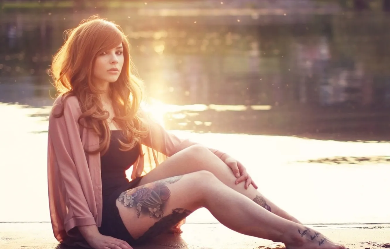 Photo wallpaper girl, light, tattoo, brown hair, legs