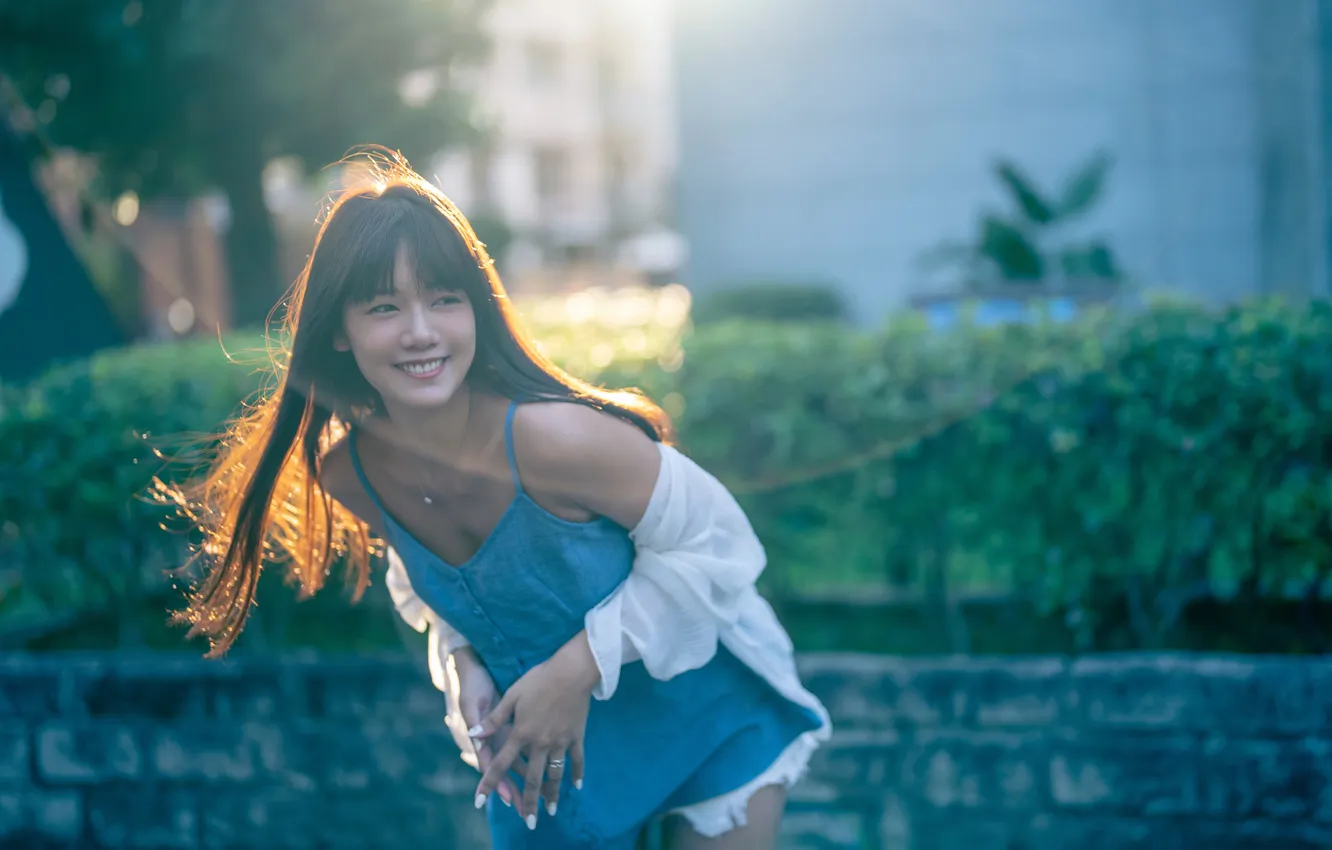 Photo wallpaper girl, pose, smile, mood, Asian, long hair