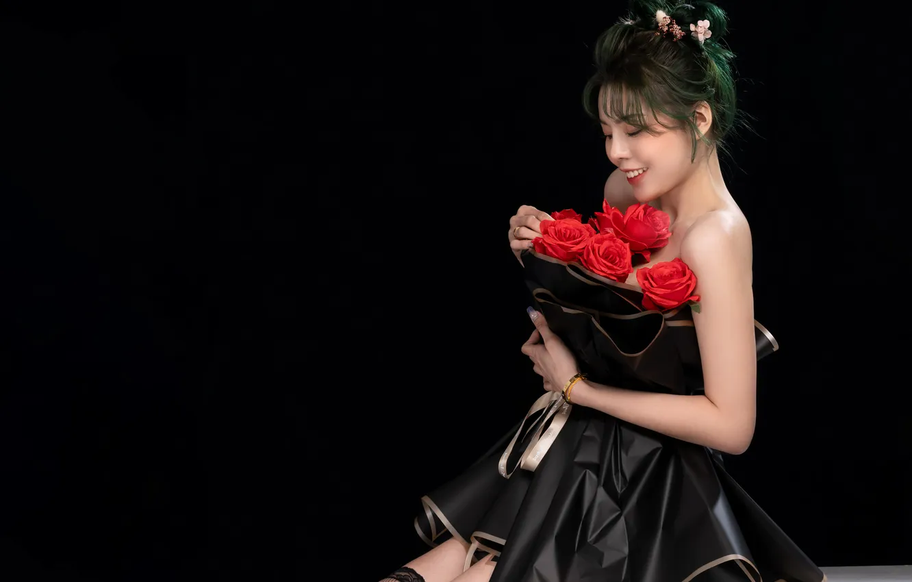 Photo wallpaper girl, flowers, Asian