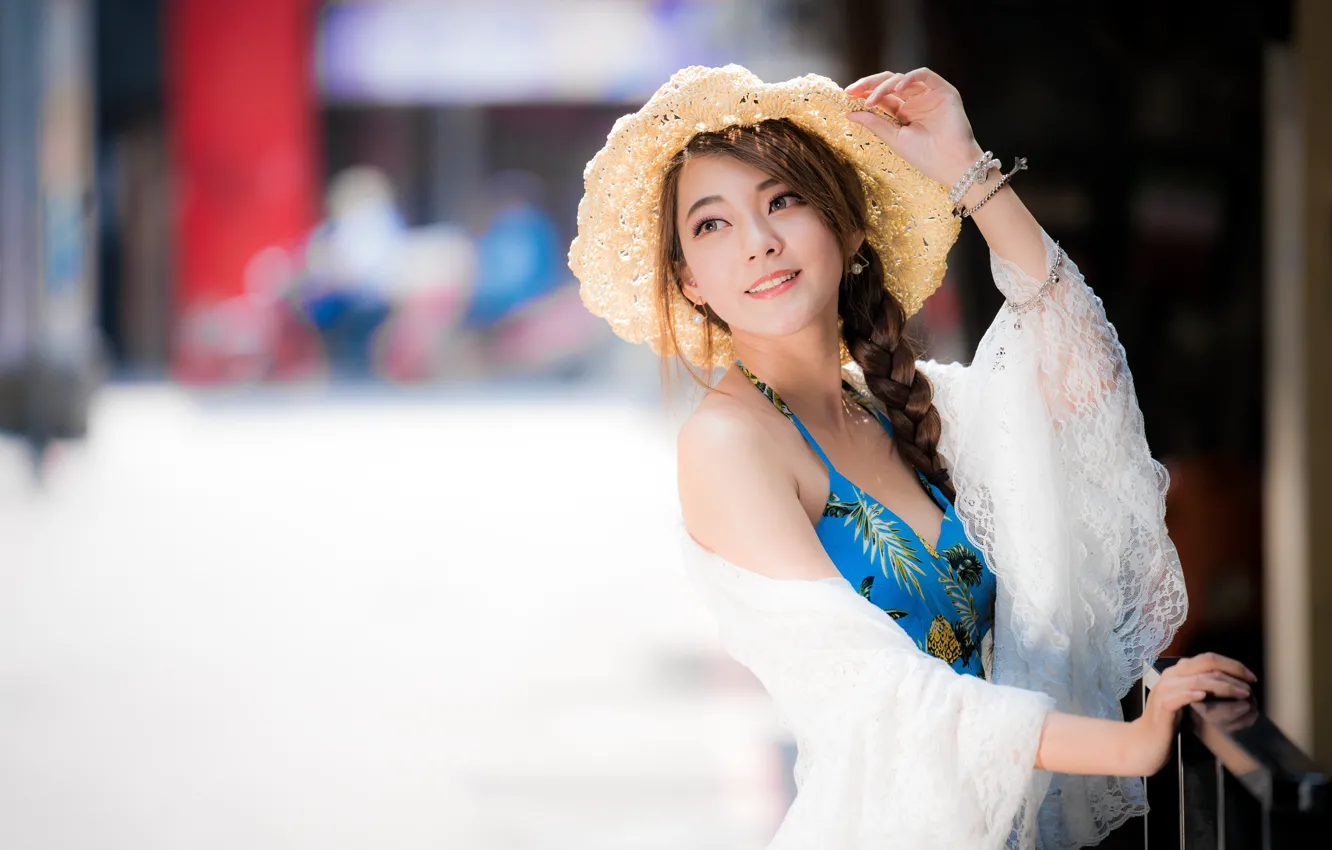 Photo wallpaper girl, hat, Asian, cutie, bokeh