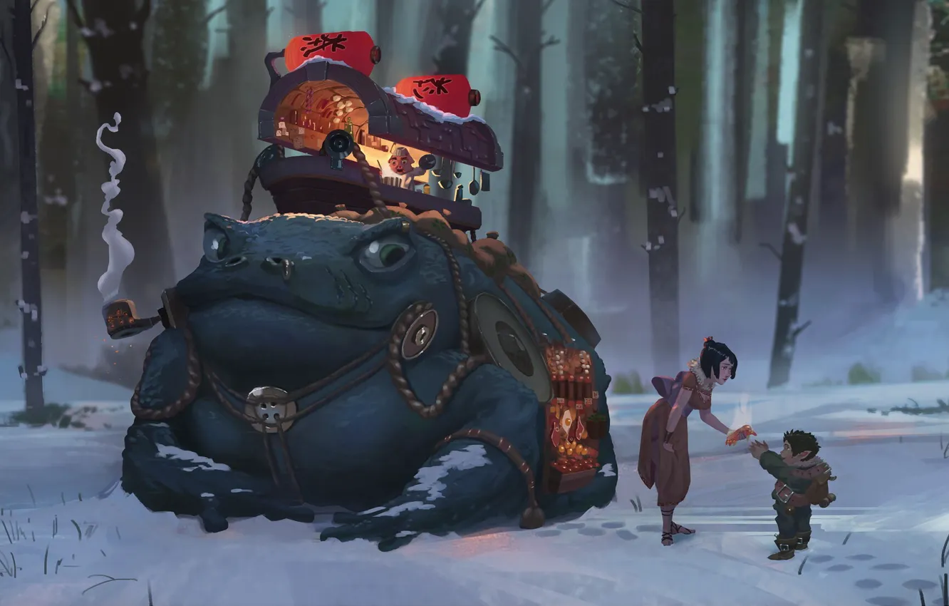 Photo wallpaper winter, forest, girl, children, frog, toad, diner