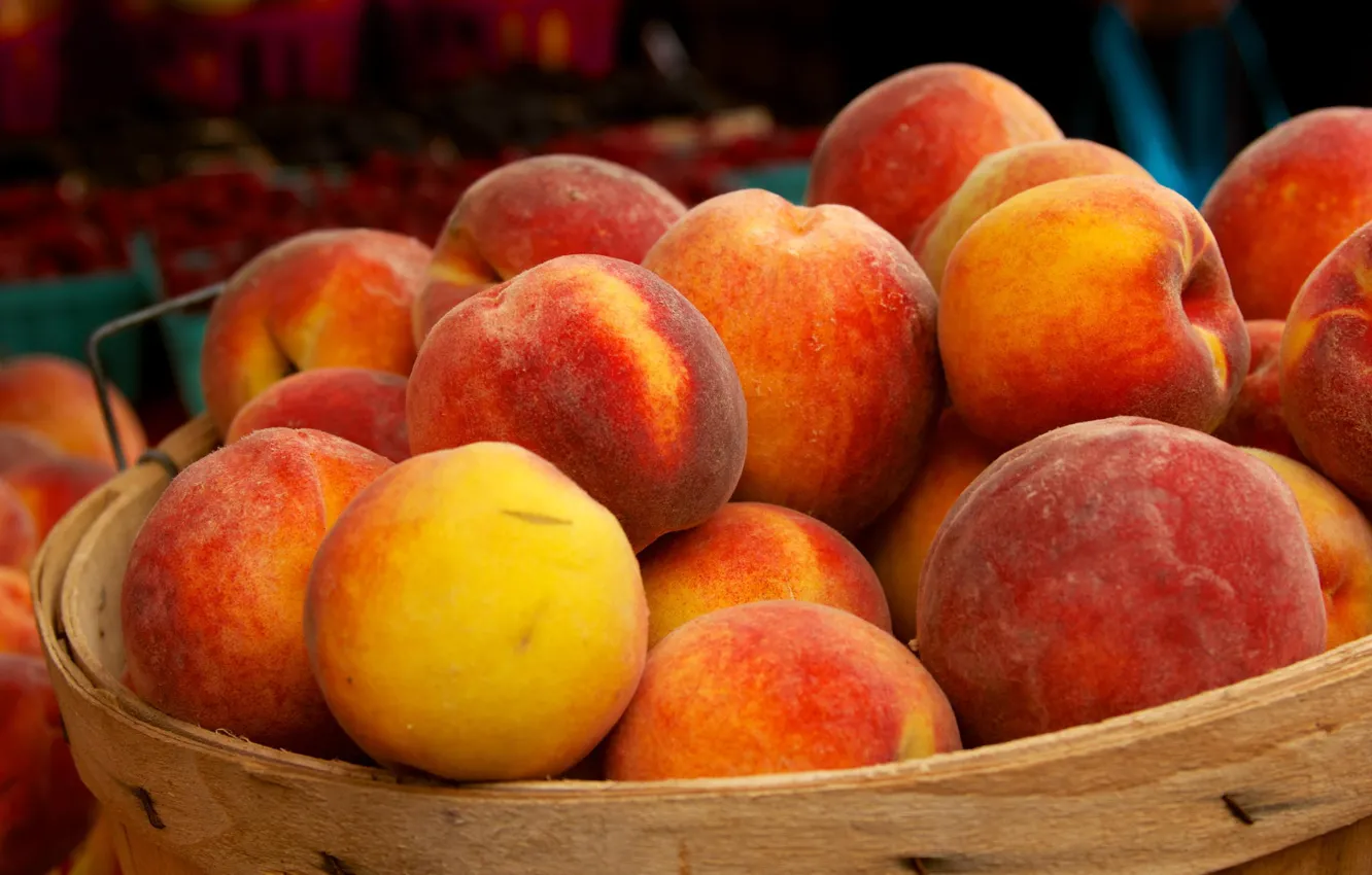 Photo wallpaper basket, food, fruit, peaches, yummy