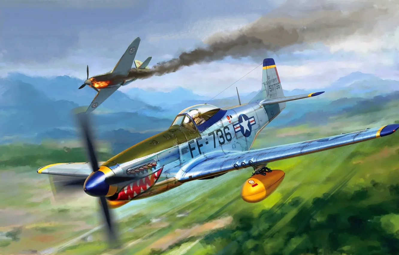 Photo wallpaper USA, USAF, The Korean war 1950-1953, Yak-9, Korean War, F-51D Mustang