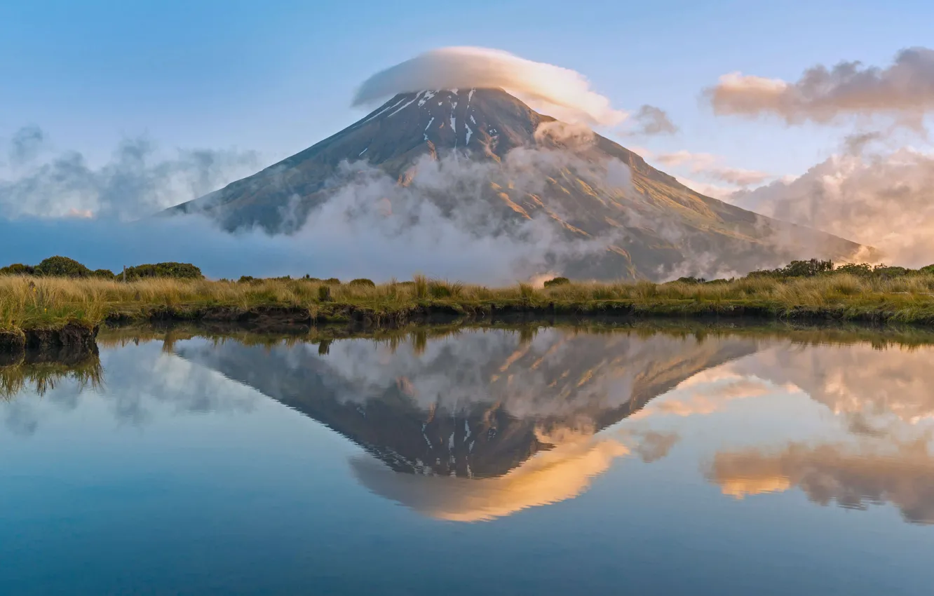 Photo wallpaper reflection, river, MT Taranaki, New Zealand, North island, National Park Egmont