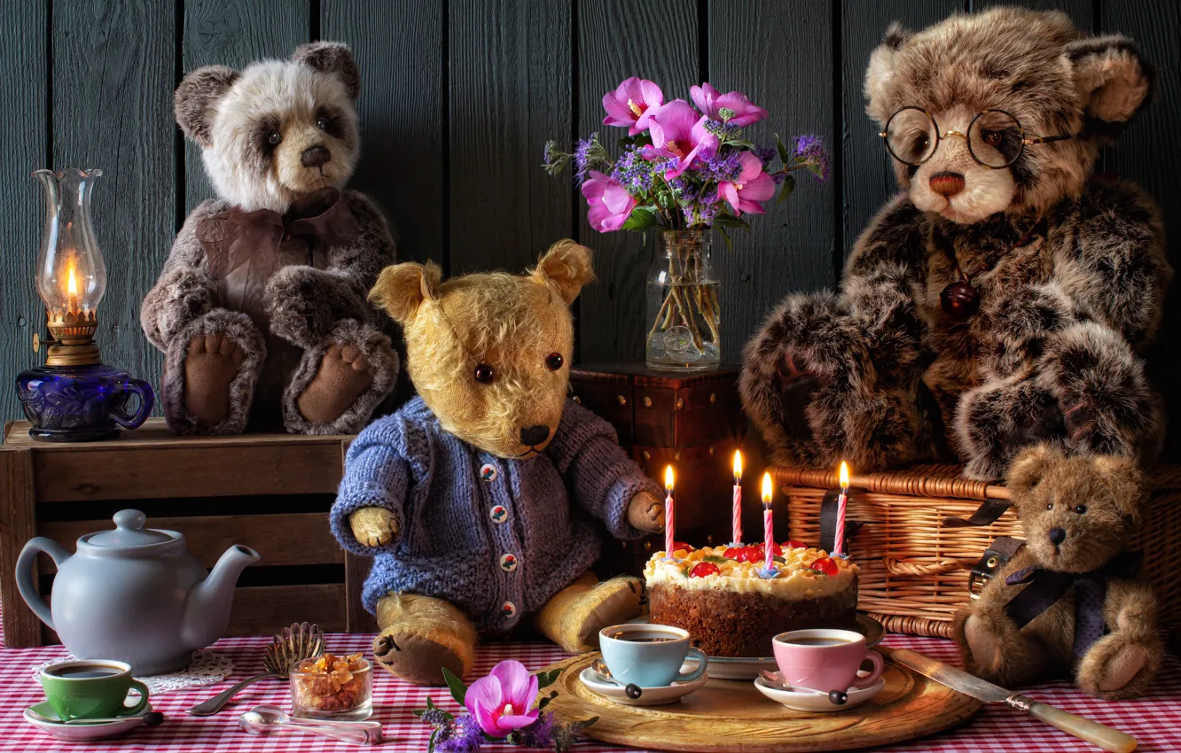 Photo wallpaper flowers, toy, Board, lamp, candles, kettle, bear, the tea party