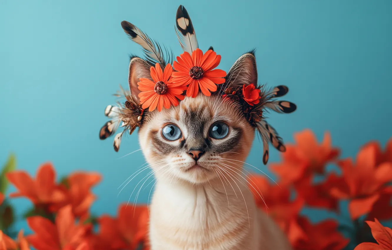 Photo wallpaper cat, look, decoration, flowers, orange, portrait, feathers, image