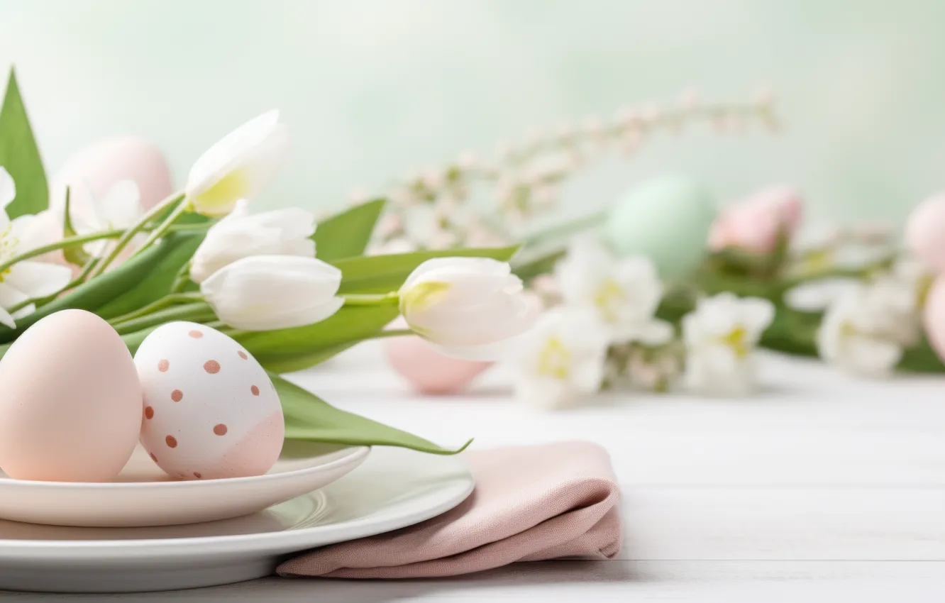 Photo wallpaper flowers, holiday, blue, eggs, bouquet, spring, Easter, tulips