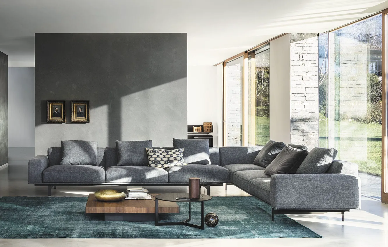 Photo wallpaper design, style, Villa, interior, living room, hall, grey sofa