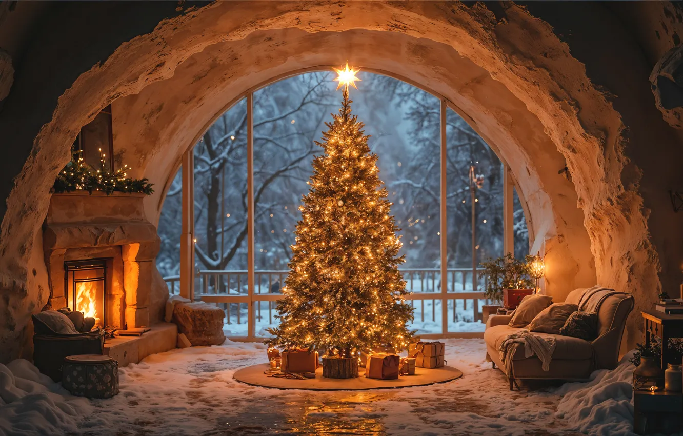 Photo wallpaper room, tree, new year, interior, Christmas, Christmas, view, tree