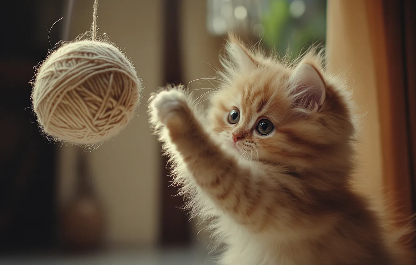 Photo wallpaper cat, look, tangle, pose, kitty, room, toy, the game
