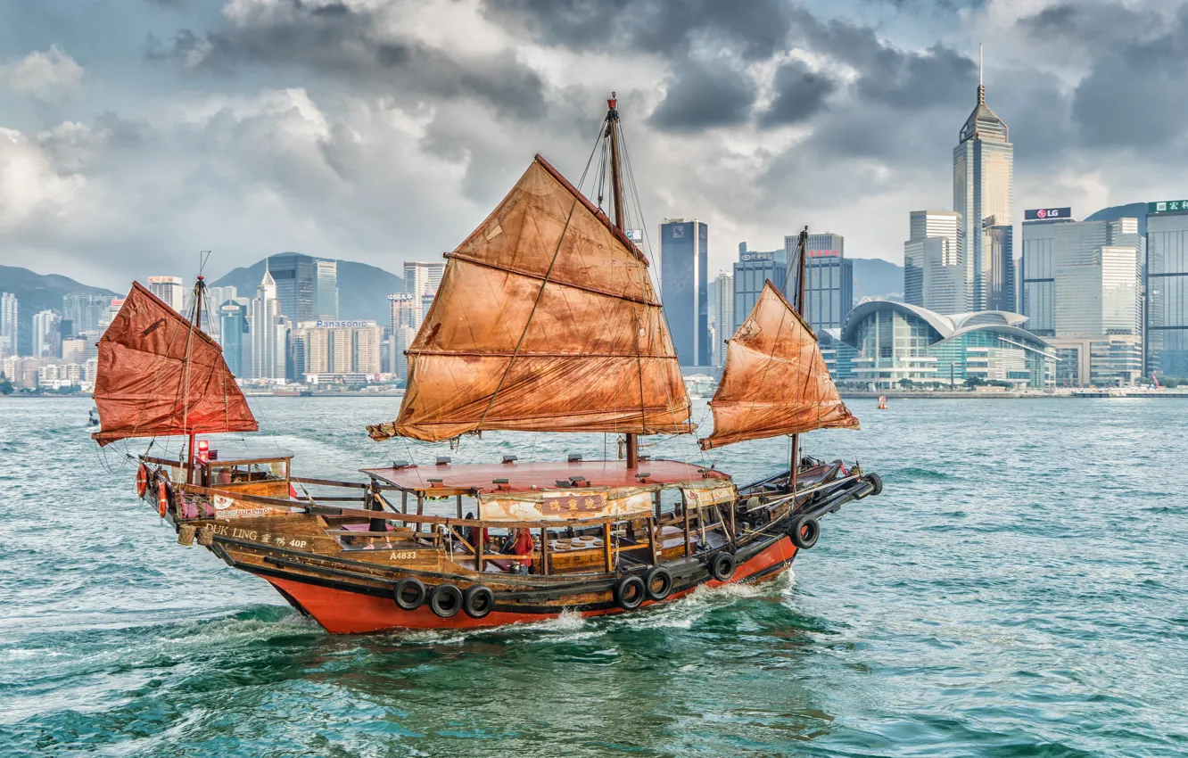 Photo wallpaper building, home, Bay, Hong Kong, harbour, Hong Kong, junk, The Victoria Harbour