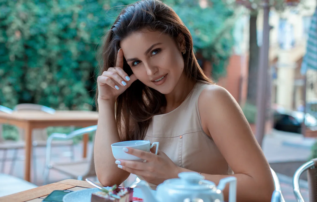 Photo wallpaper look, girl, pose, portrait, makeup, dress, hairstyle, Cup