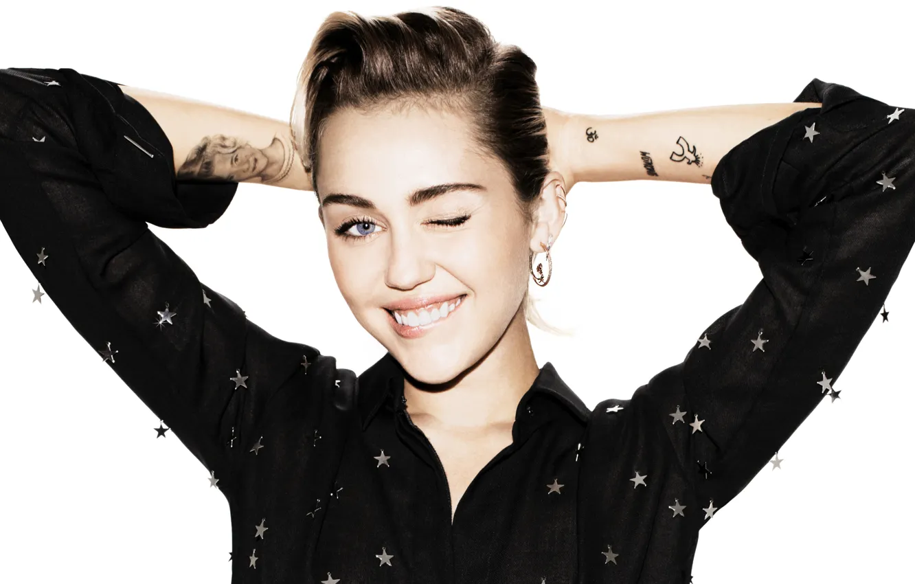Photo wallpaper makeup, actress, tattoo, hairstyle, outfit, white background, singer, Miley Cyrus