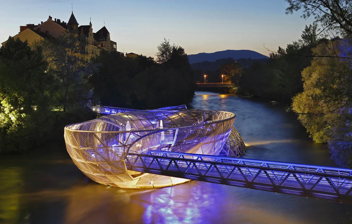 Photo wallpaper night, lights, river, Austria, Graz, Murinsel, bridge-Isle of
