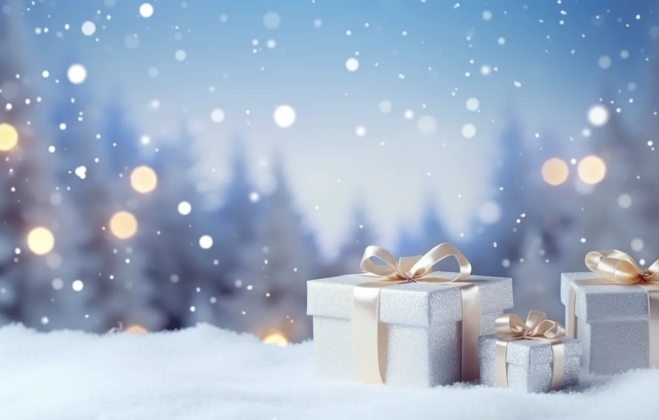 Photo wallpaper winter, snow, snowflakes, nature, gift, new year, Christmas, bow