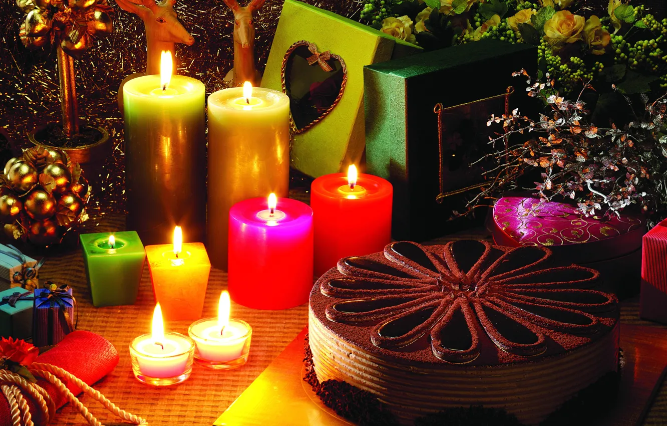 Photo wallpaper romance, candles, gifts, cake, New year, box