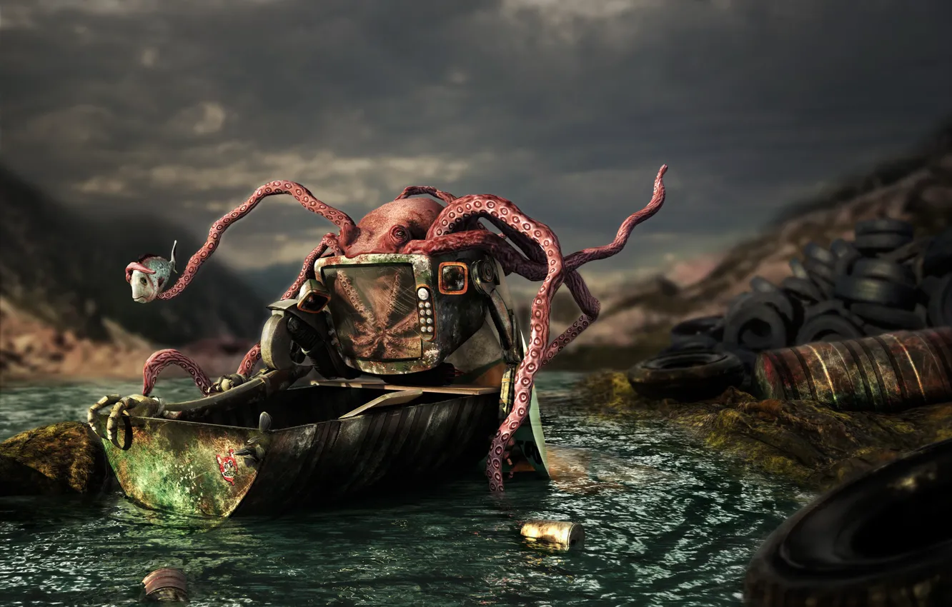 Photo wallpaper pollution, fish, trough, monster, Octopus squat