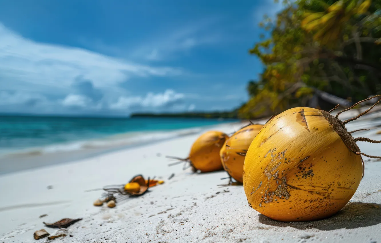 Photo wallpaper sand, sea, beach, summer, coconut, summer, beach, sea