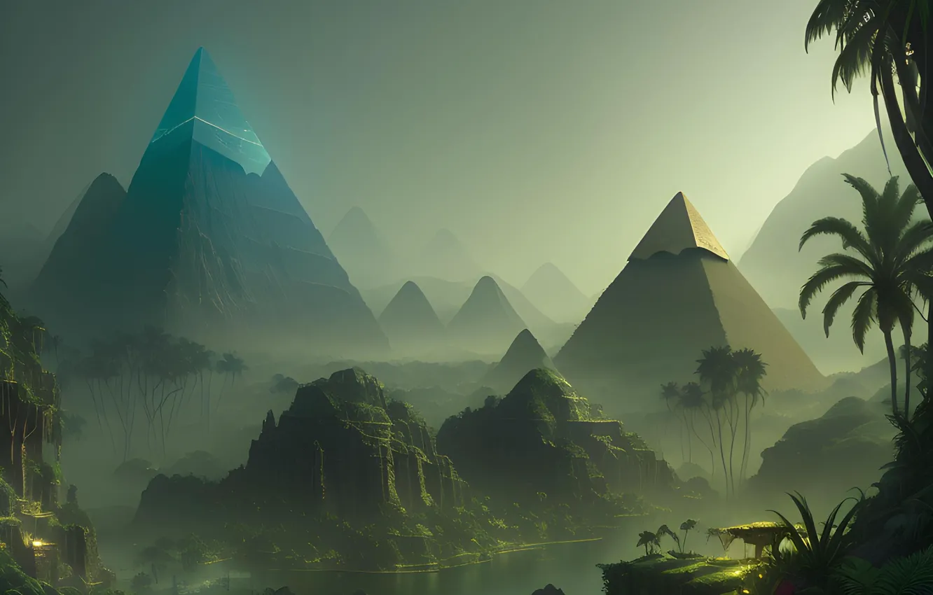 Photo wallpaper forest, mountains, fog, river, jungle, pyramid