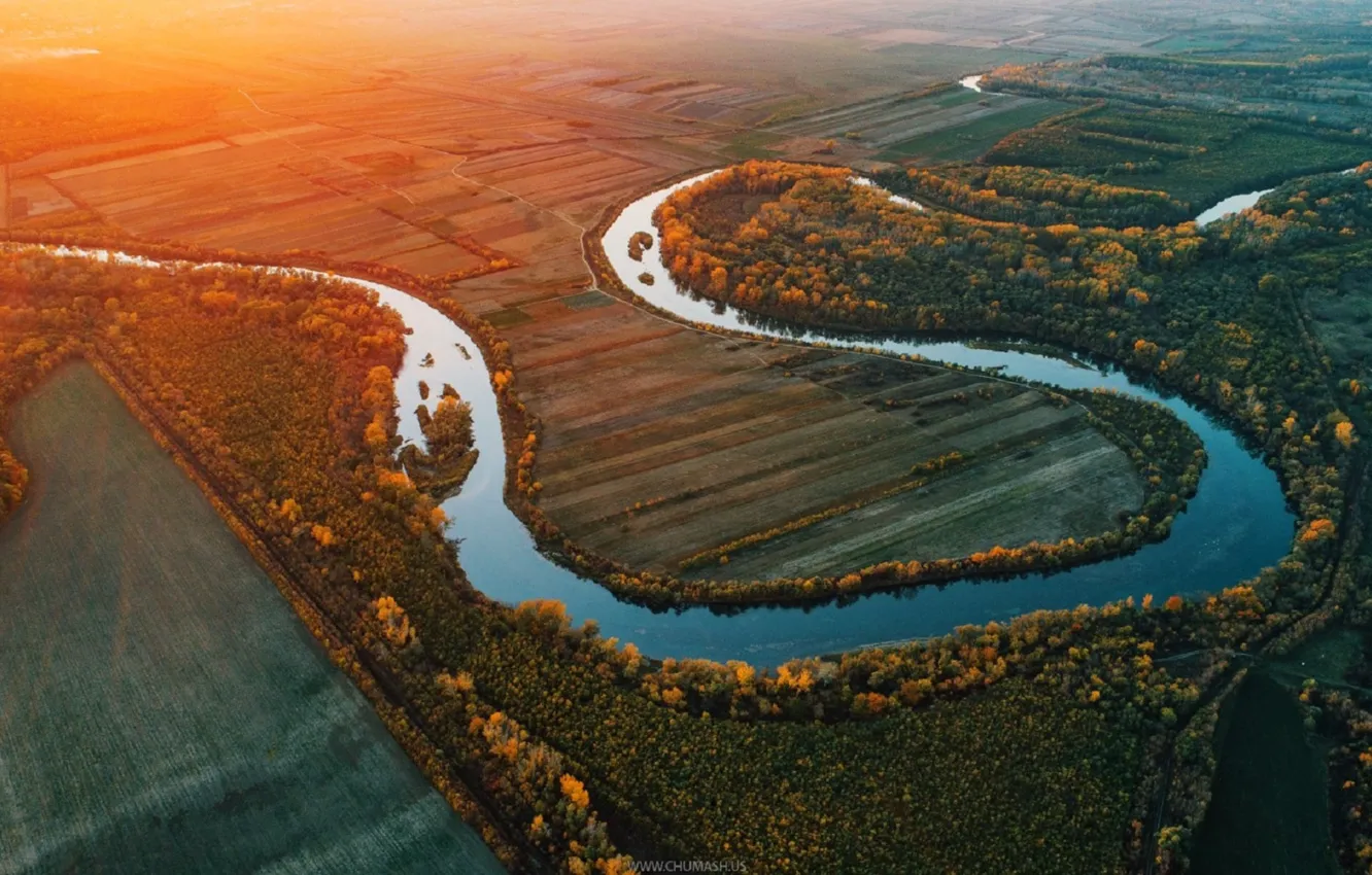 Photo wallpaper autumn, river, sunrise, drone, Moldova, Rod