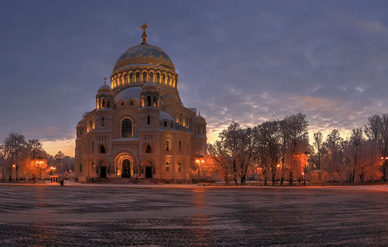 Photo wallpaper winter, trees, landscape, the city, morning, Peter, lighting, lights
