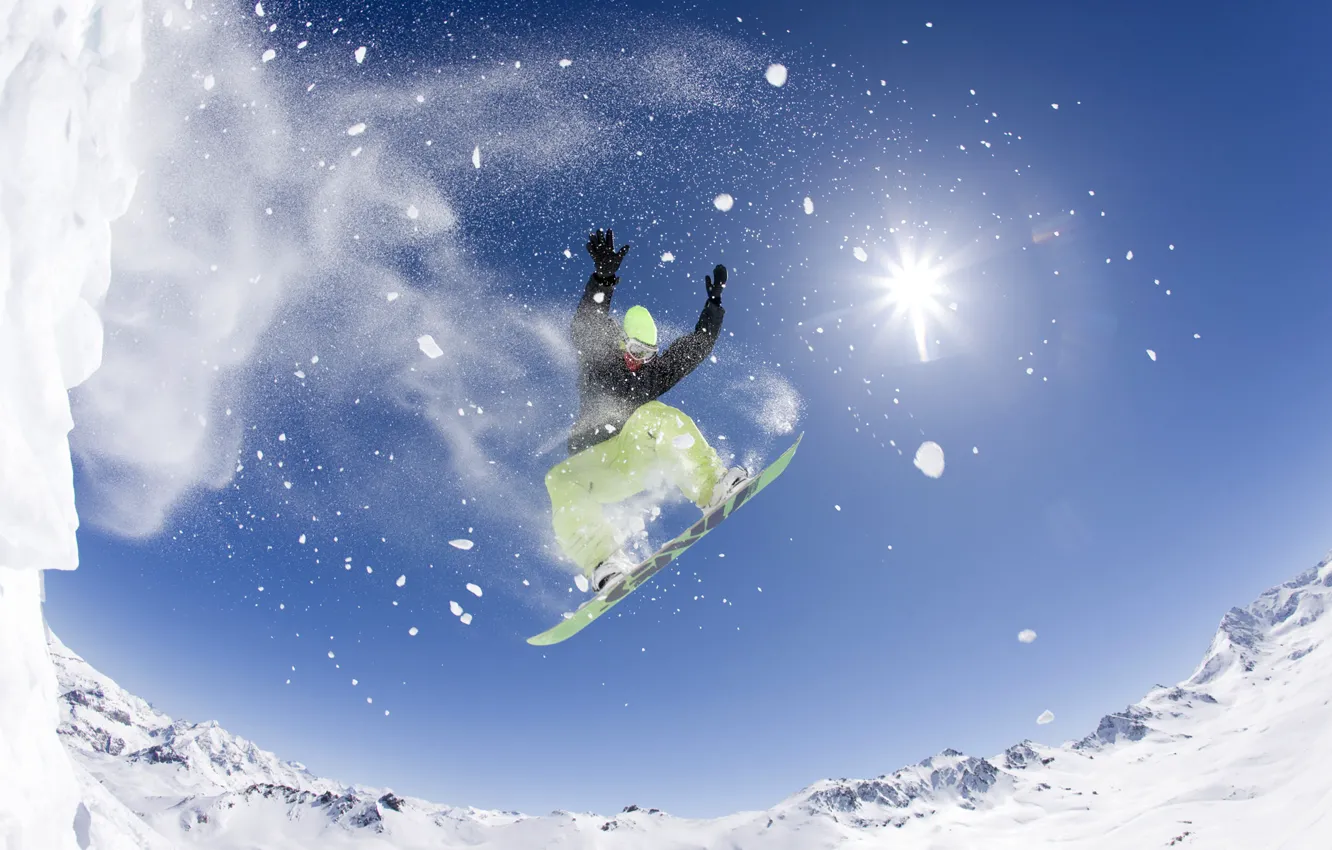 Photo wallpaper snowboard, mountain, air