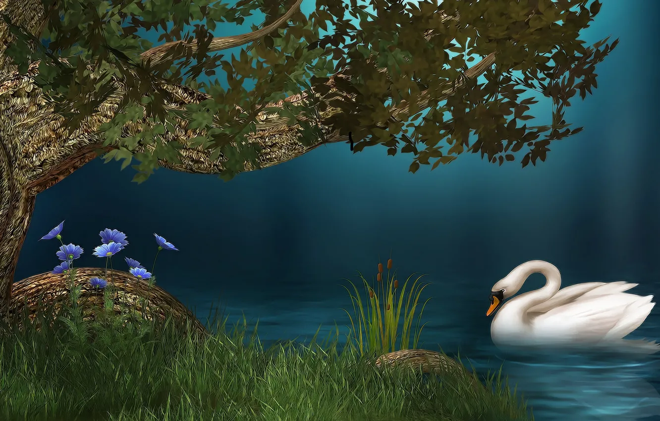 Photo wallpaper white, grass, water, trees, flowers, lake, shore, reed