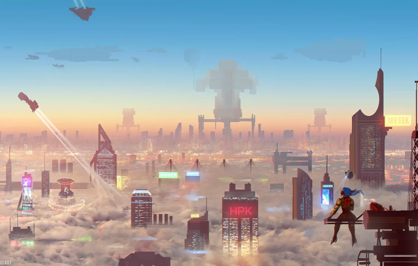 Photo wallpaper the sky, clouds, city, the city, future, fiction, transport, building