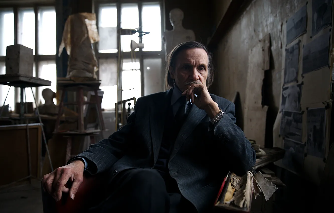 Photo wallpaper sitting, thinking, mustaches, adult man
