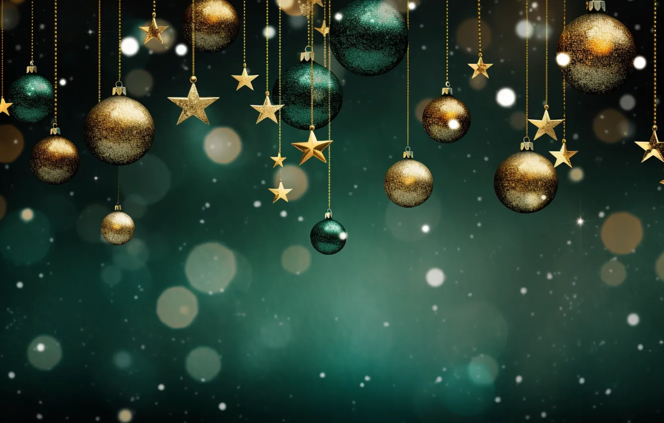 Photo wallpaper decoration, the dark background, gold, green, balls, new year, Christmas, golden