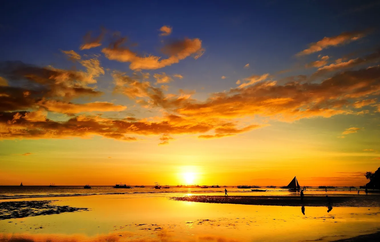 Photo wallpaper sea, sunset, people, stay, ship, sailboat