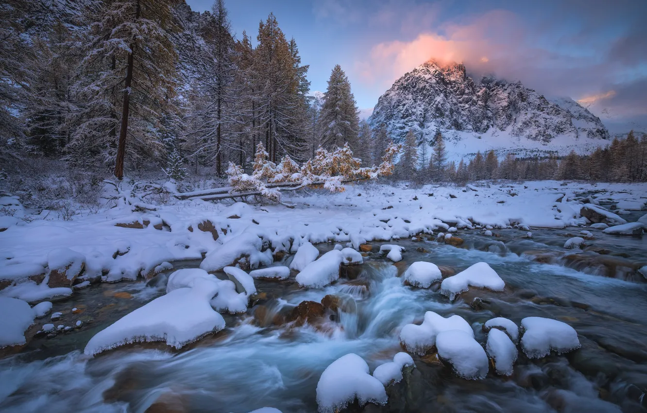 Photo wallpaper winter, forest, the sky, snow, landscape, mountains, river, stones