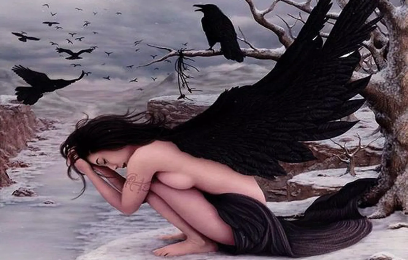 Photo wallpaper crow, winter, snow, angle, Fantasy world