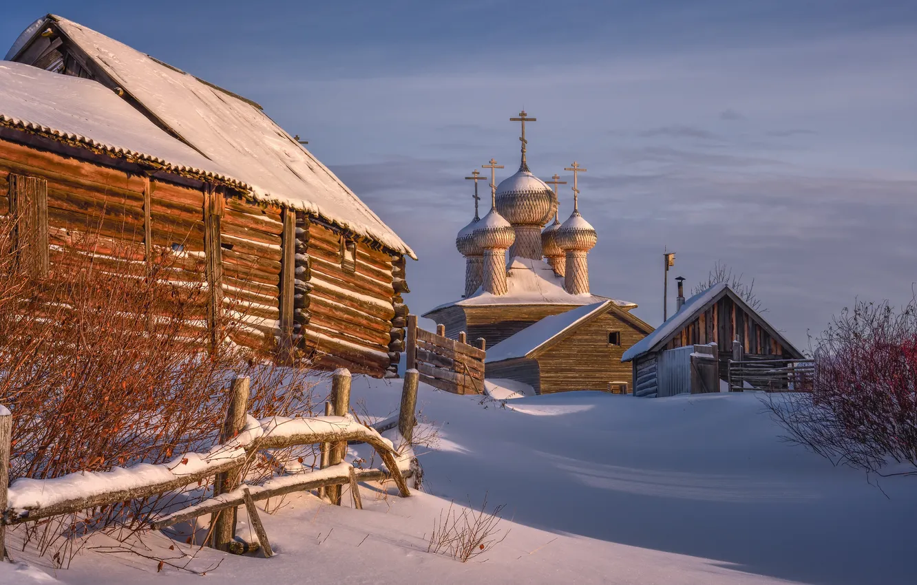 Photo wallpaper landscape, Church, January, Arkhangelsk oblast, Maxim Evdokimov