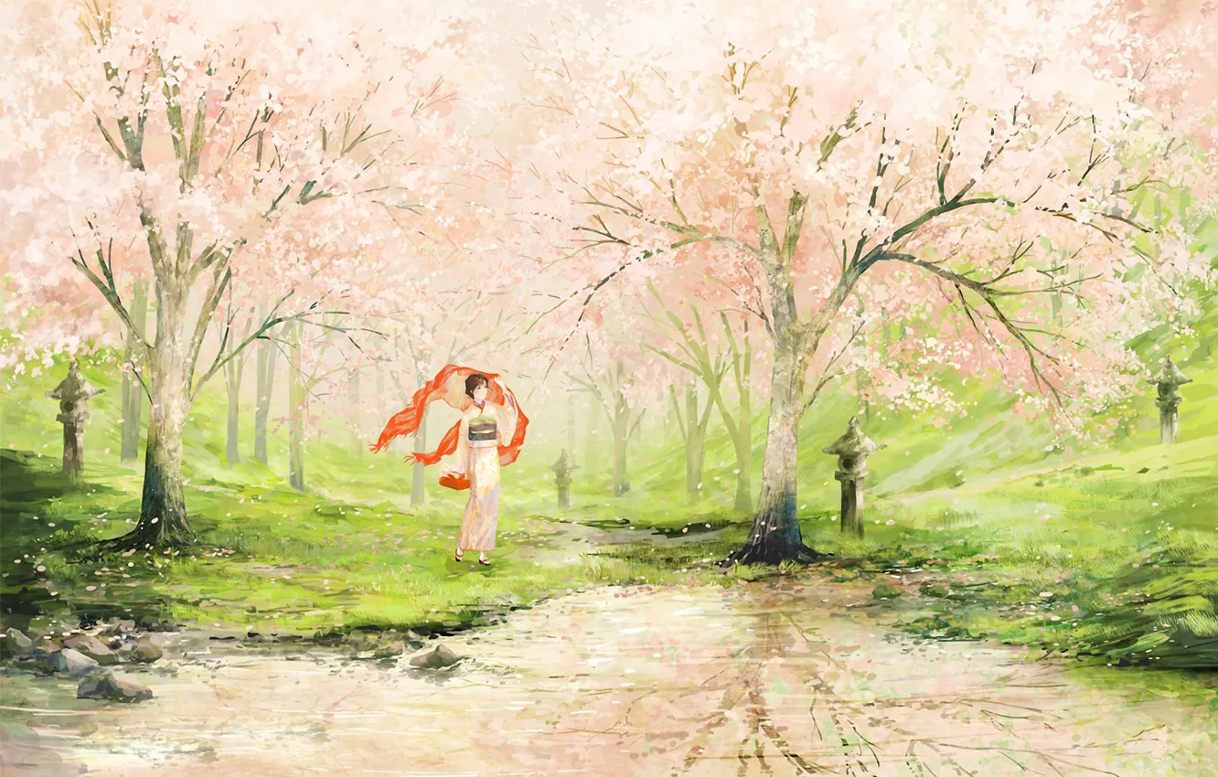 Photo wallpaper girl, lake, spring, garden, art, Apple, painted landscape