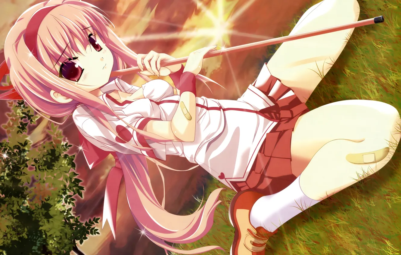 Photo wallpaper the sky, grass, girl, clouds, rays, sunset, anime, art