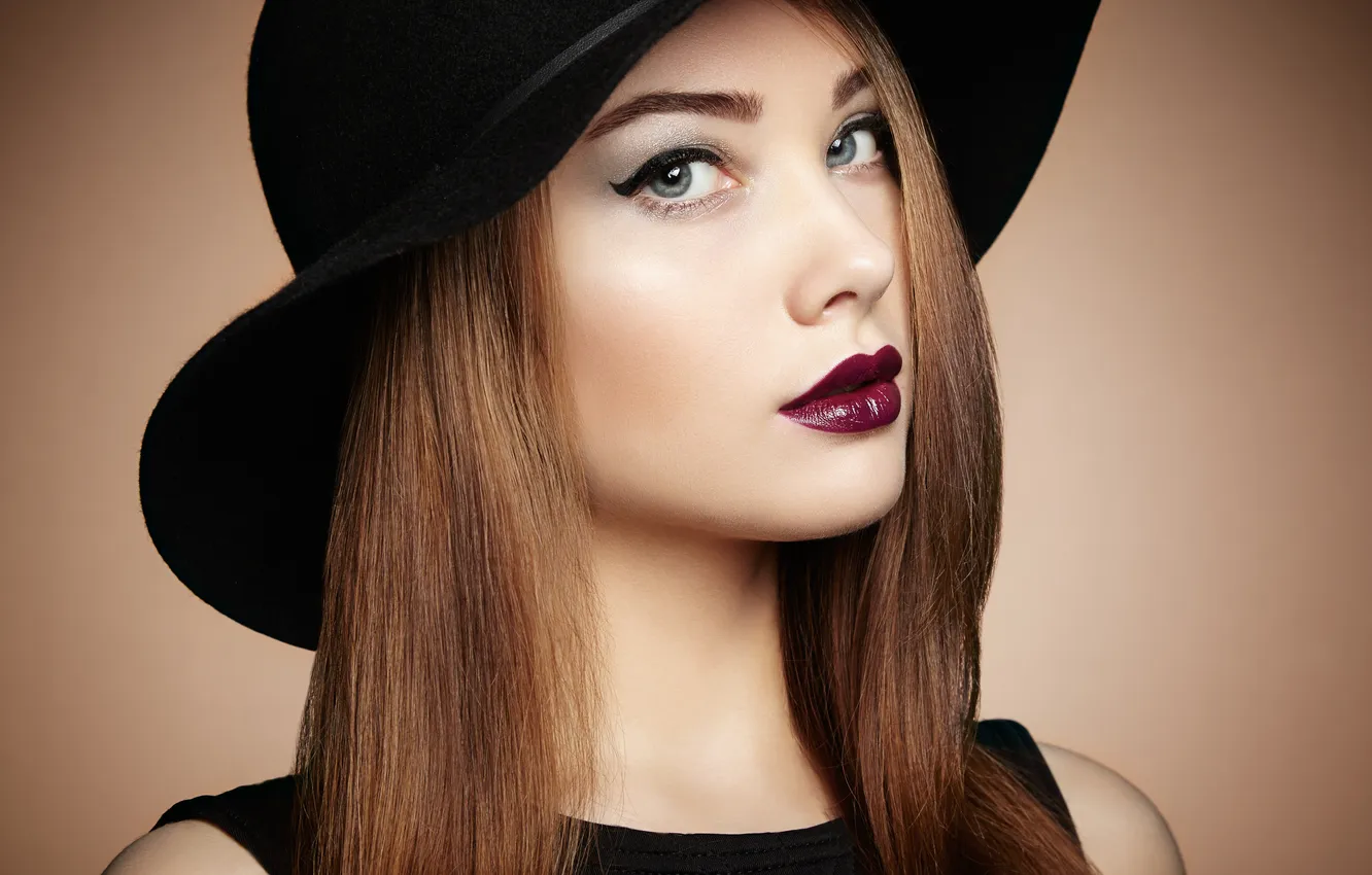 Photo wallpaper look, girl, face, hat, makeup, girl, hat, eyes