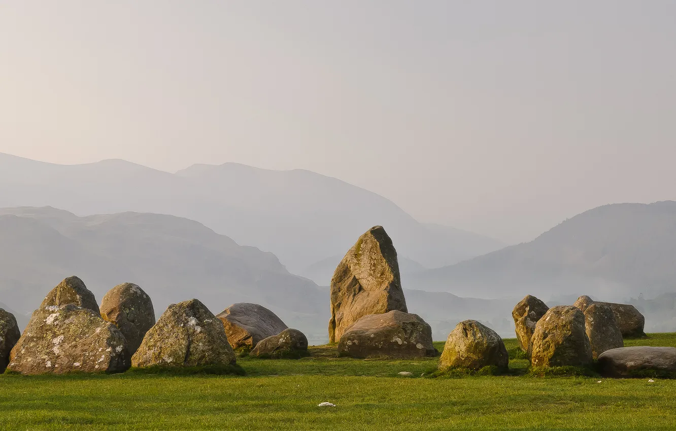 Photo wallpaper greens, grass, mountains, stones, lawn, hills, moss, blocks