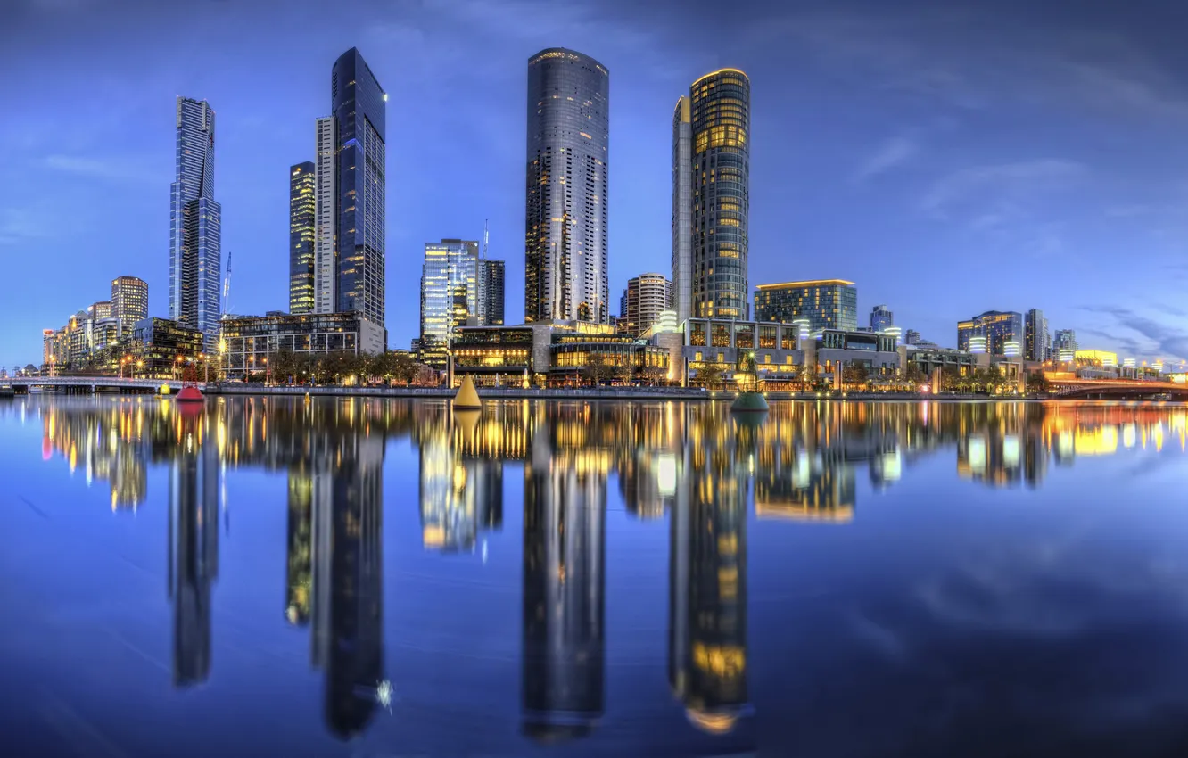 Photo wallpaper reflection, river, building, Australia, night city, skyscrapers, Melbourne, Yarra River