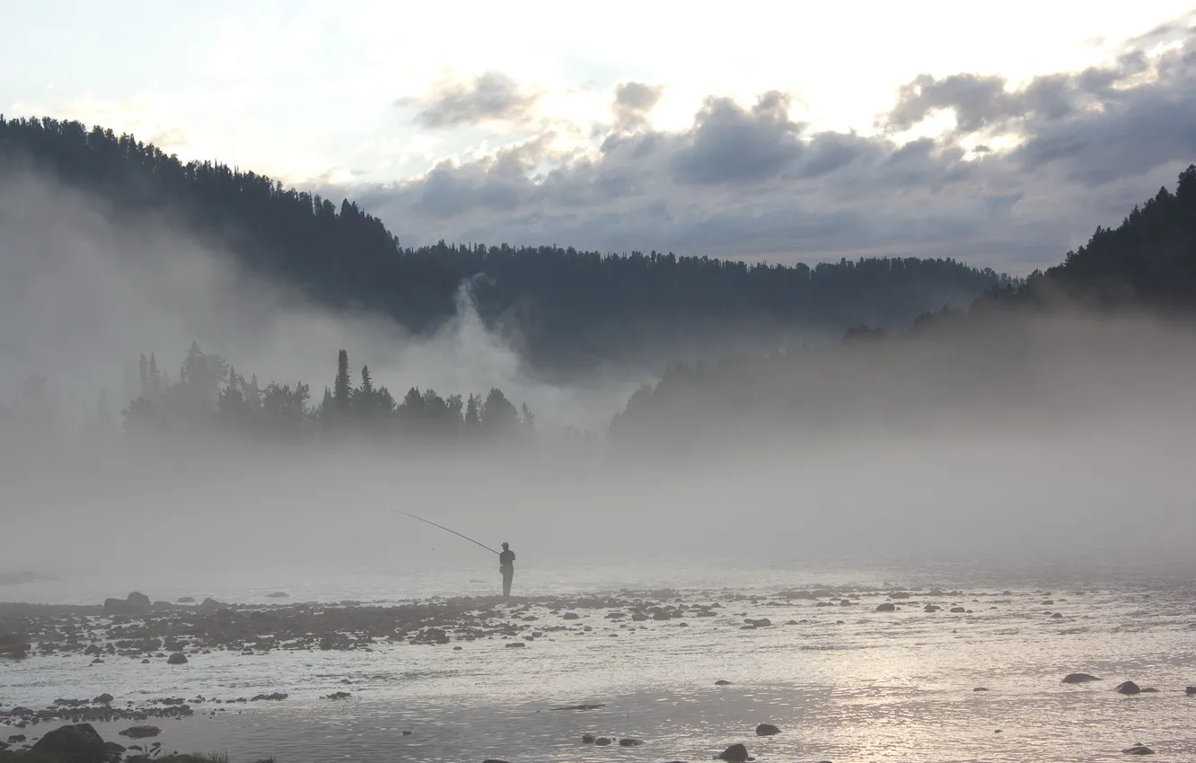 Photo wallpaper fog, river, fishing