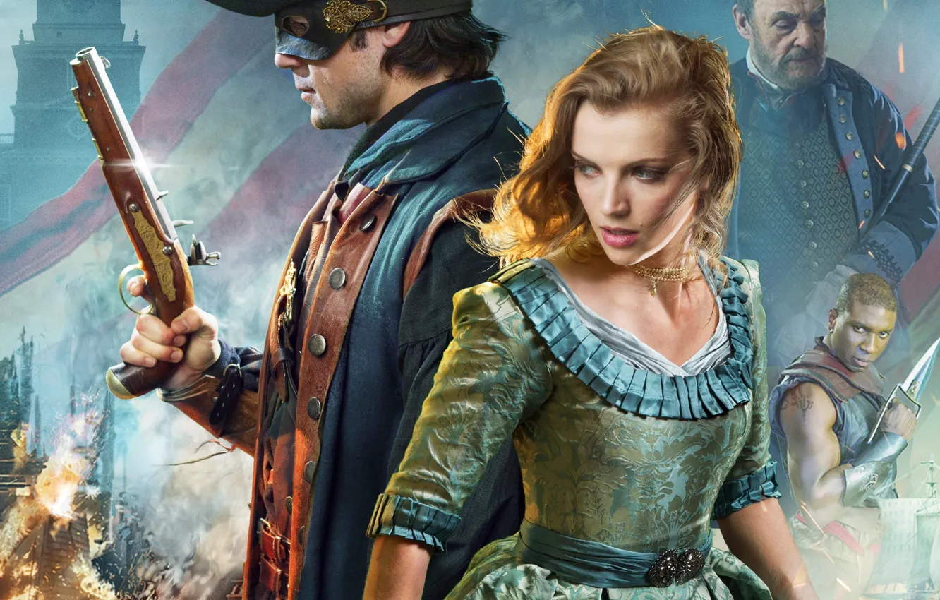 Photo wallpaper cinema, fire, flame, girl, gun, pistol, dress, weapon