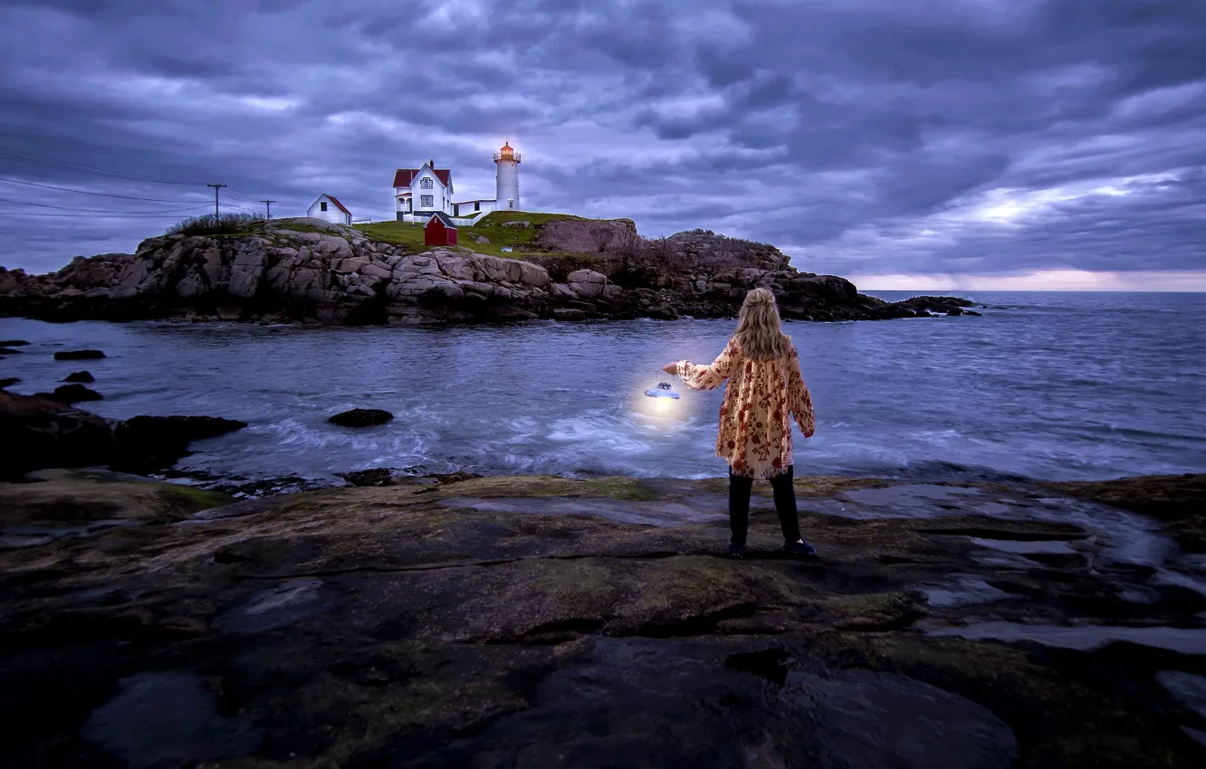 Photo wallpaper sea, lighthouse, the situation, lights, girl, Maine, Nubble Lighthouse, Cape Neddick Lighthouse