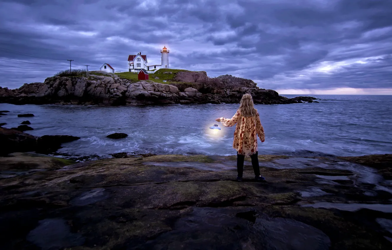 Photo wallpaper sea, lighthouse, the situation, girl, lantern, Maine, Nubble Lighthouse, Cape Neddick Lighthouse