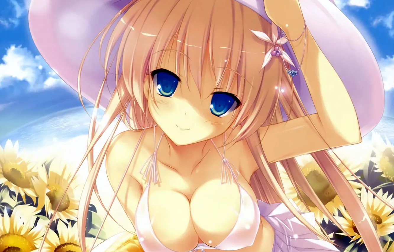 Photo wallpaper girl, sexy, cleavage, long hair, boobs, anime, blue eyes, flowers