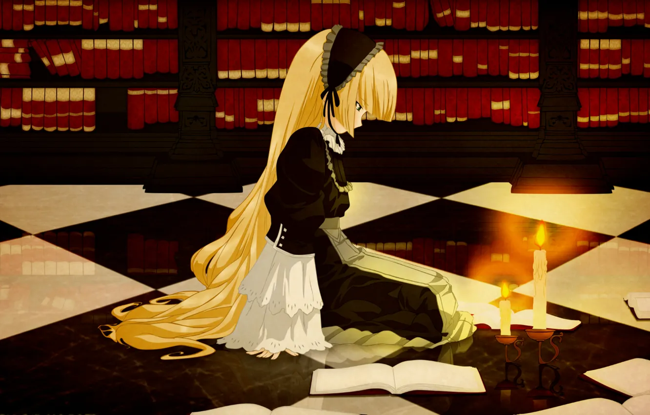 Photo wallpaper reflection, flame, books, candles, girl, library, long hair, candle holder