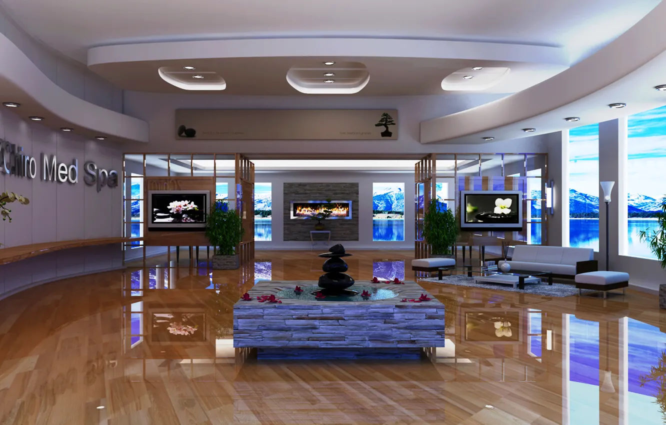 Photo wallpaper sofa, chair, TV, fountain, fireplace, hall, table.