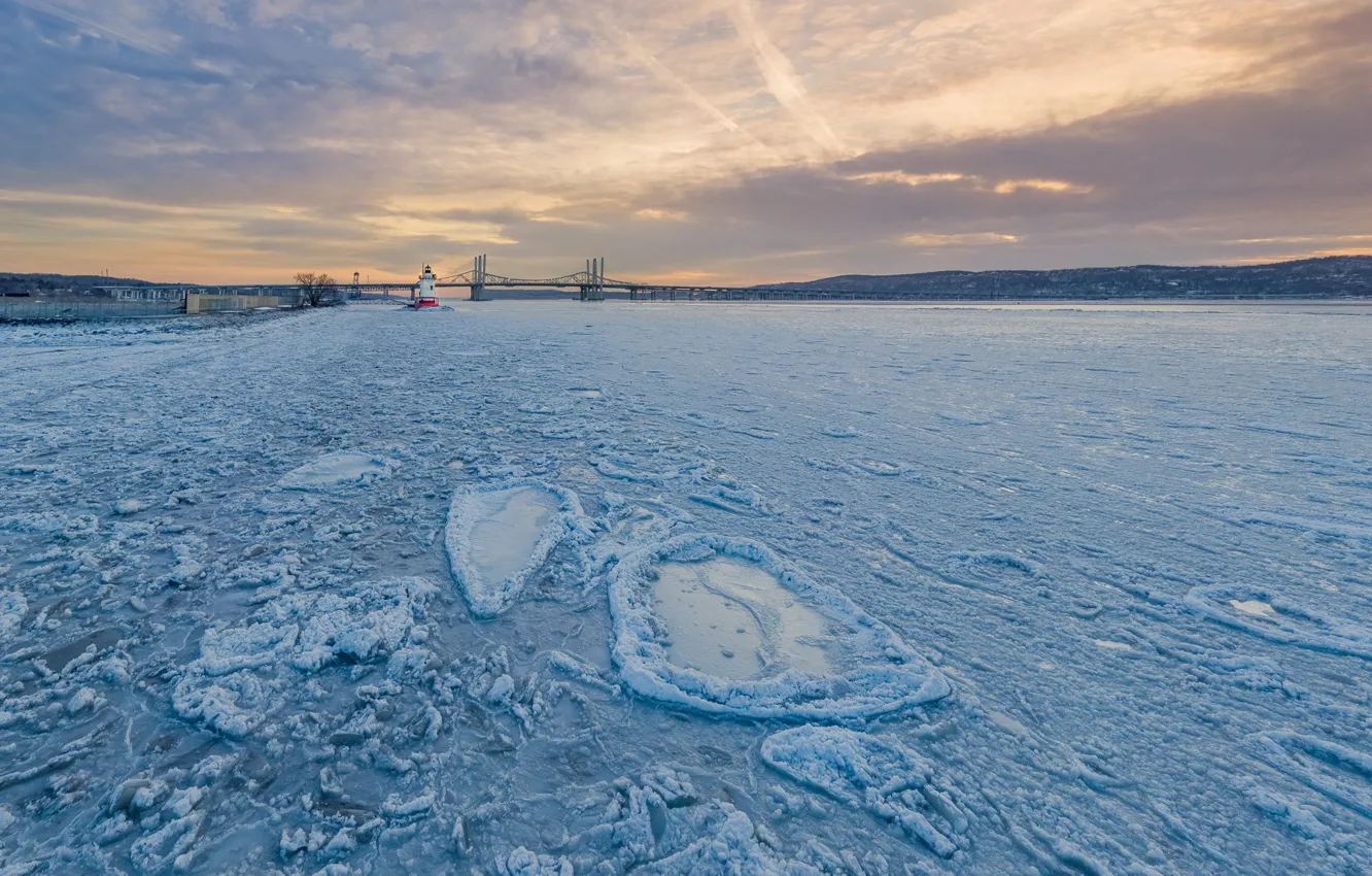 Photo wallpaper ice, winter, bridge, river, New York, Hudson River, Sleepy Hollow, the state of new York
